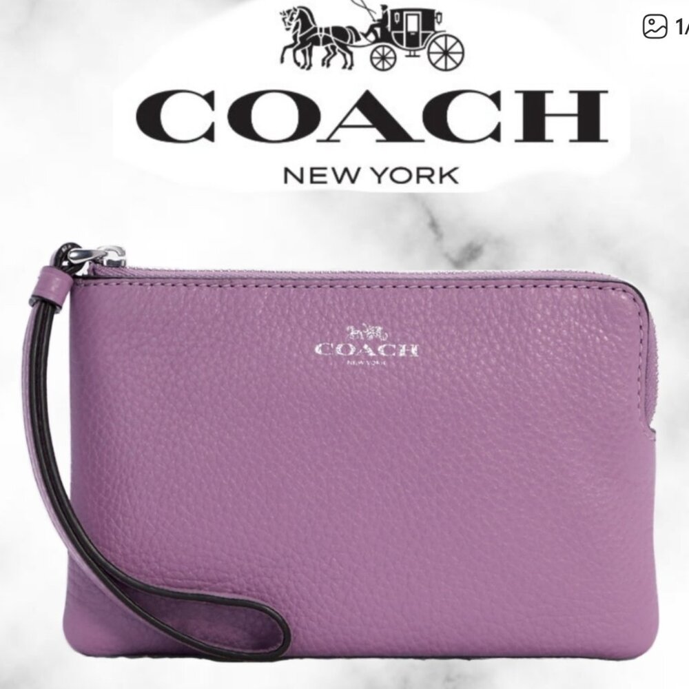 Coach Corner Zip Wristlet Pebble Leather Violet Orchid /Silver CP483